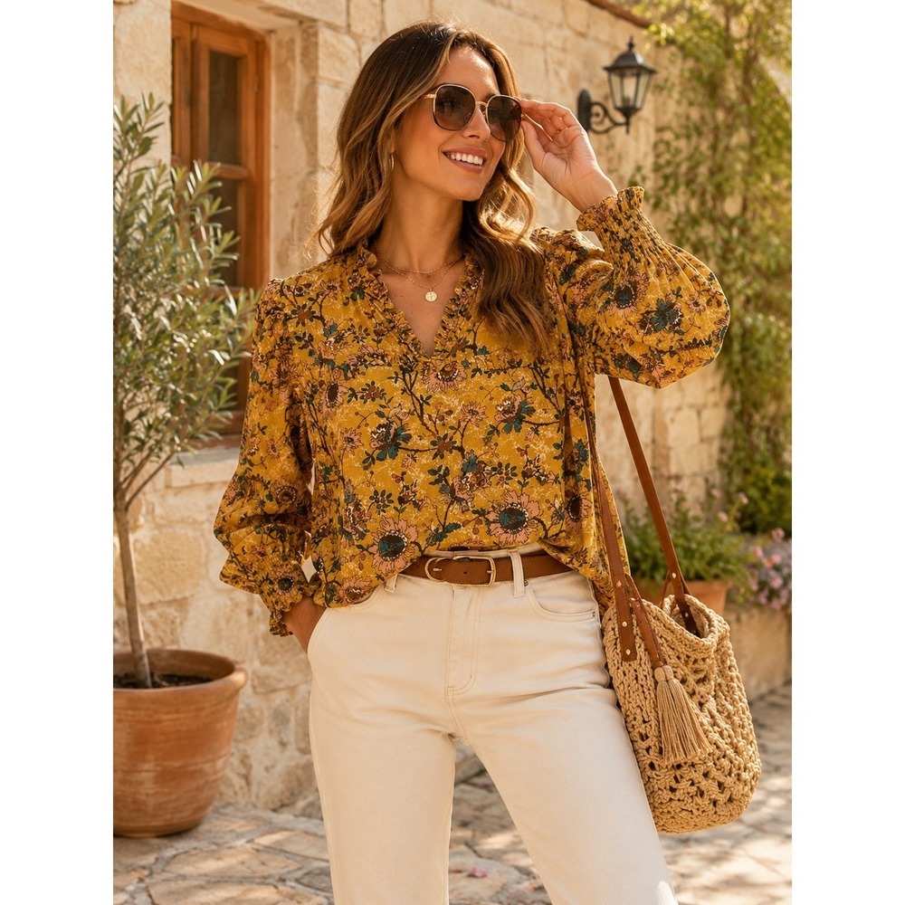 Bindu Corinne Floral Ruffleโ Neck Cotton Boho XL Mustard Yellow Prairie Top